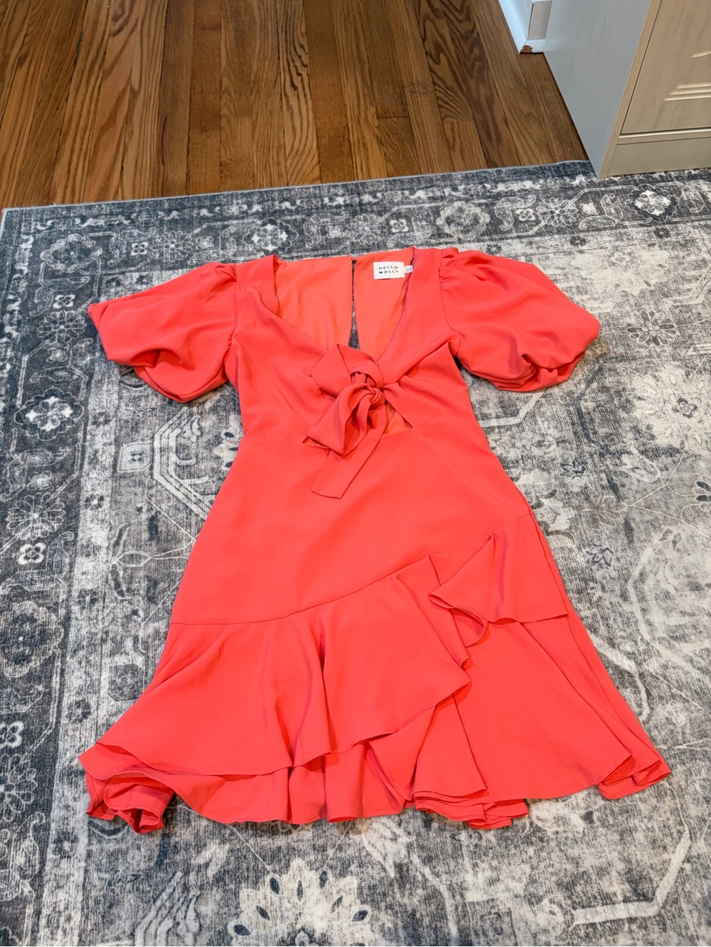 Hello Molly pink Tie-Front Ruffle Mini Dress with Puff Sleeves and V-Neck